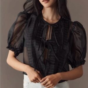 Anthropologie- Mable Chic Black Sheer Blouse with Puff Sleeves